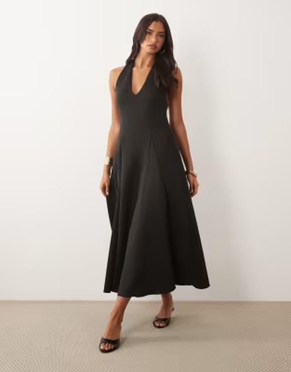 エイソス レディース トップス 衣装 MIDI アクアラング スコート ASOS DESIGN plunge neck structured full skirted MIDI dresscuba-style fabric Black 黒いこと