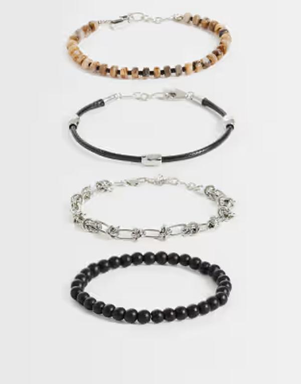 エイソス メンズ 佩び物 ブレスレット・バングル・アンクレット なめし革 フェイクレザー ASOS DESIGN 4 pack black faux leather and beaded bracelet BROWN 赤銅色