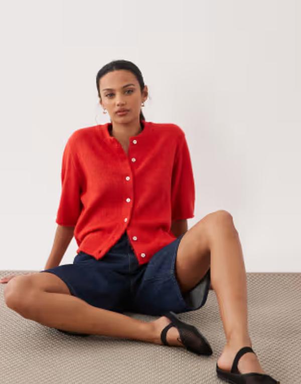 エイソス レディース アウター ジレー ASOS DESIGN lightweight relaxed short sleeve cardigan RED 赤いこと