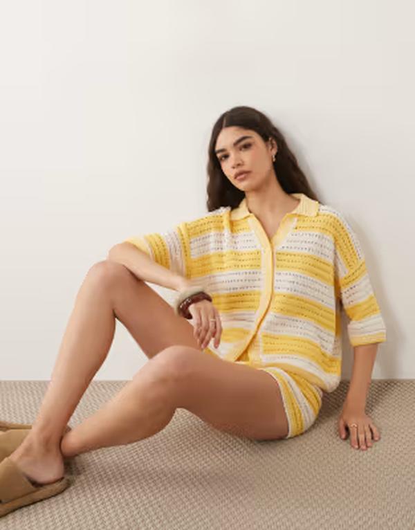 エイソス レディース トップス プルオーバー 編み物 ASOS DESIGN Sally beach knit button up top インチ yellow and white stripes - part of a set Yellowhite stripe 白いこと