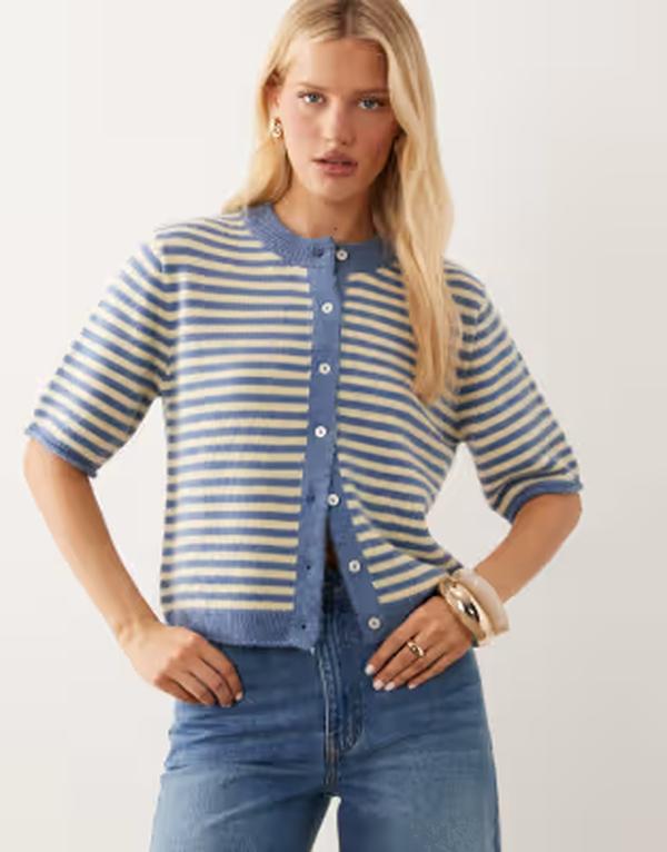 エイソス レディース アウター ジレー ASOS DESIGN lightweight relaxed short sleeve cardigan \u0026 buttermilk Blue stripe 青碧