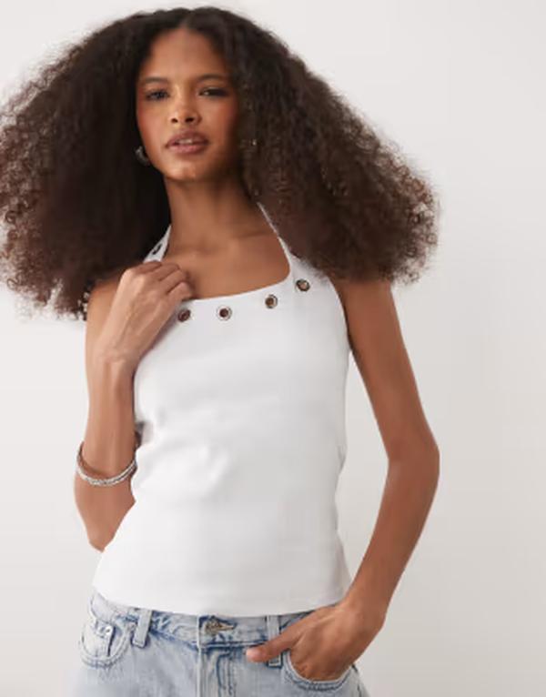 エイソス レディース トップス ティーシャツ ホルター ASOS DESIGN eyelet stud halter neck top WHITE 白いこと