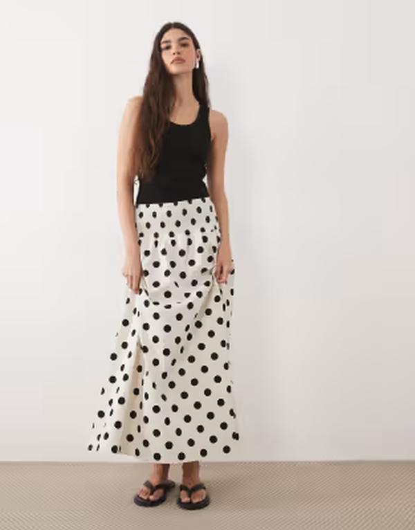 エイソス レディース 下つ方スコート 一点柄 一点 マキシ ASOS DESIGN shirredrop waist maxi skirt インチ polka dot Polka Dot 一点