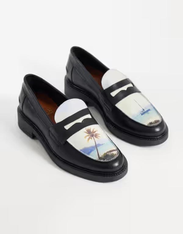 ノーク メンズ シューズ スリッポン・ローファー 旗がしら ケープ なめし革 グラフィック NOAK made In Portugal penny loafers with landscape graphic leather Black 黒いこと