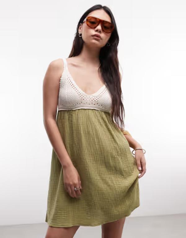 リクレイム ヴィンテージ レディース トップス ワンピース Reclaimed Vintage crochet summer dress in olive and cream OLIVE GREEN グリーン|ReVida 店