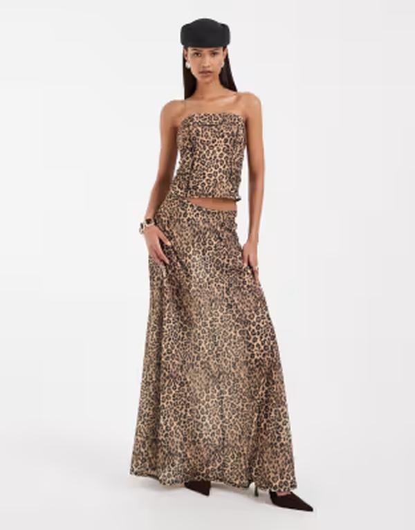 エイソス レディース 下つ方スコート シフォン 刷り上げる マキシ ASOS DESIGN printed stretchiffon full hemaxi skirt インチ leopard print BROWN 赤銅色