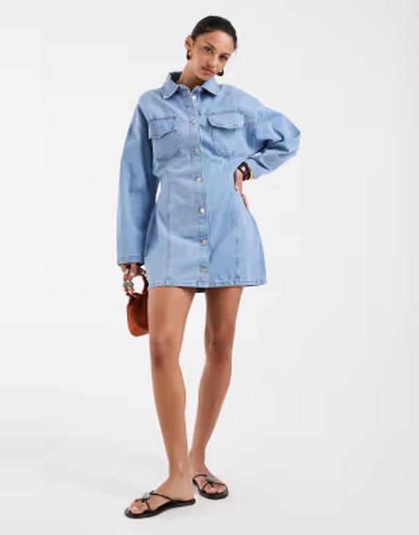 エイソス レディース トップス 衣装 プルオーバー ジーンズ ASOS DESIGN cinch waist denim shirt dress BLUE 青み