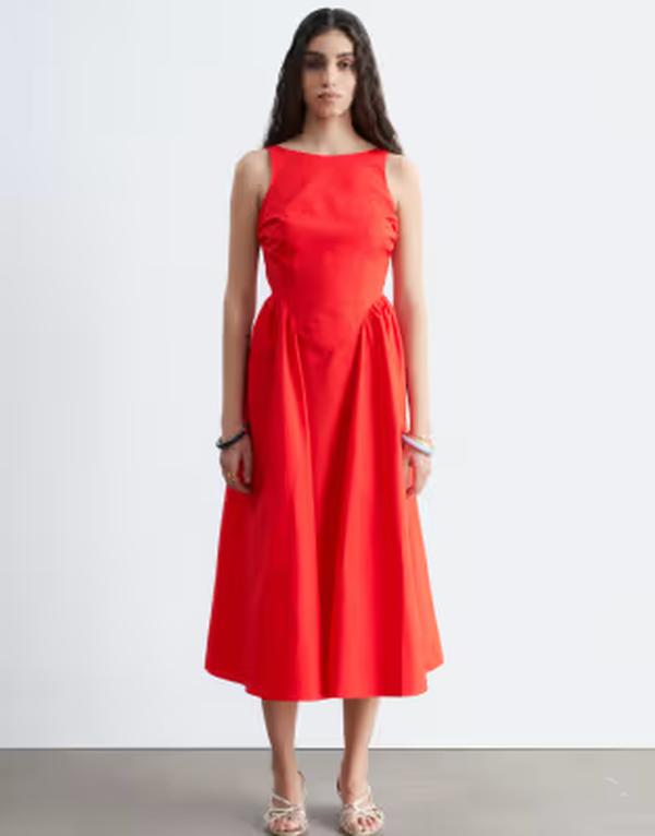 アンドアザーストーリーズ レディース トップス 衣装 MIDI 綿織物 \u0026 Other Stories rich cotton volume waist hemidi dress RED 赤いこと