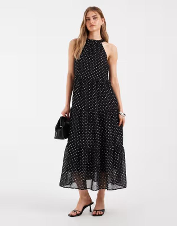 オンリー レディース トップス ワンピース ドット ホルター ONLY halterneck midaxi dress polka dots BLACK CDOTS ブラック｜ReVida 店