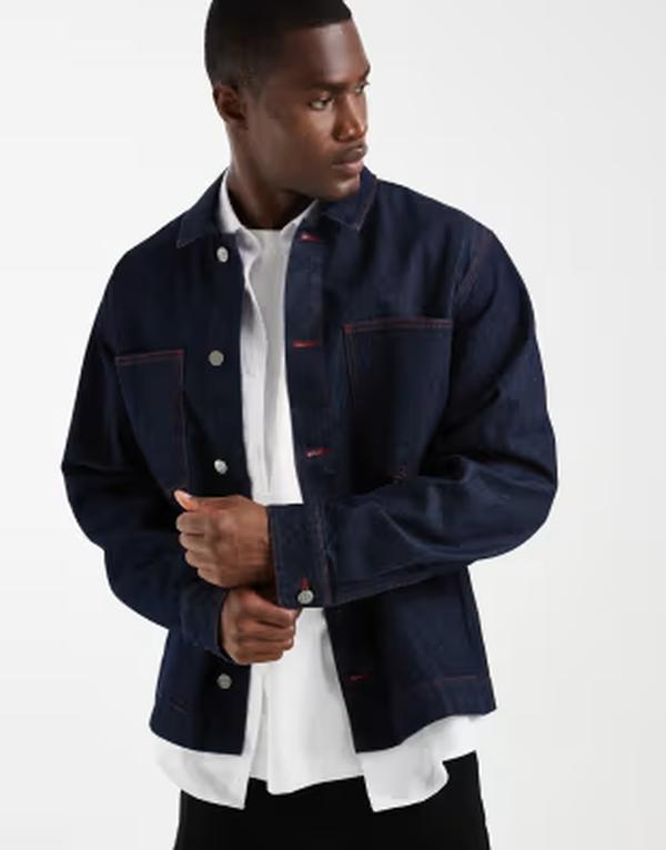 エイソス メンズ アウター 上衣・上衣 プルオーバー 対比 ジーンズ ASOS DESIGN long sleeve shirt インチ raw indigo denim with contrast red stitch INDIGO インディゴ