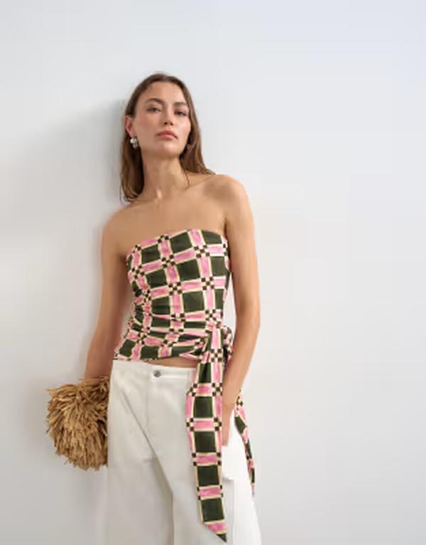 とっ始め販売店 レディース トップス より良い 五分五分約款 刷り上げる Topshoplaid printie detail bandeau top Black 黒いこと