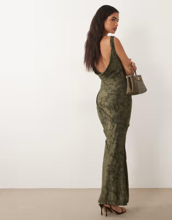 エイソス レディース トップス 衣装 マキシ ASOS DESIGN raw seam cowl back devore maxi dress Khaki カーキ