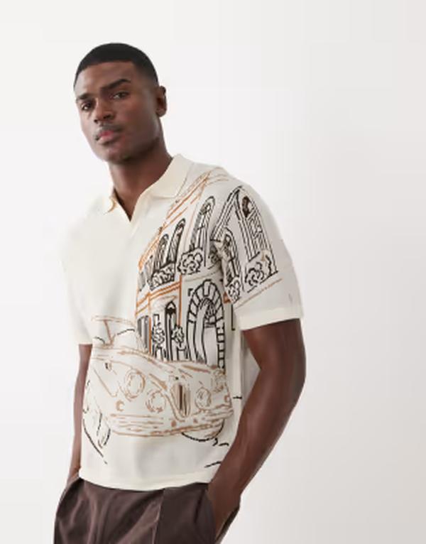 エイソス メンズ トップス スポーツシャツ 編み物 グラフィック ASOS DESIGN relaxed knit notch neck polo shirt with car graphic インチ cream 皮膚軟化剤