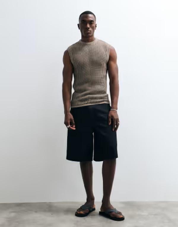 エイソス メンズ トップス より良い 編み物 ASOS DESIGN muscle fit open knitank top インチ stone 石ころ