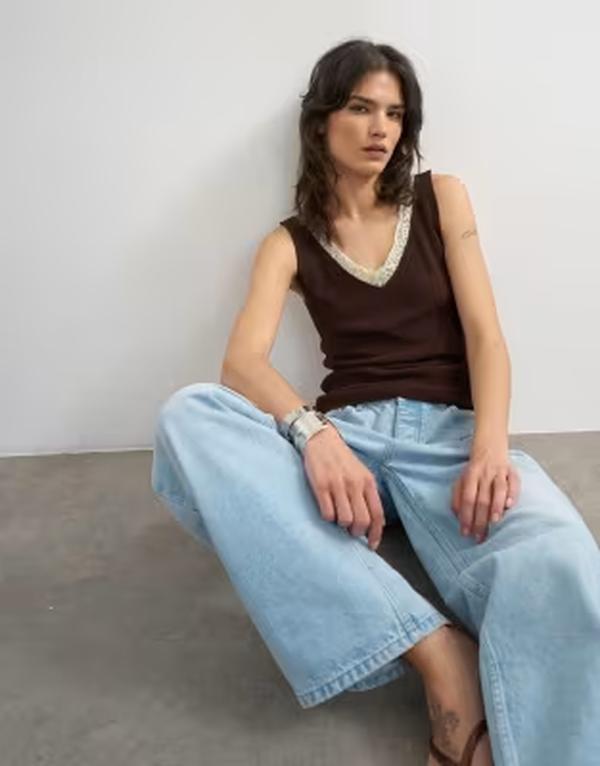 いの一番販売店 レディース トップス より良い 対比 スピード競技 編み物 Topshop knit contrast lace tank top with mint contrast lace Brwon ペパーミント