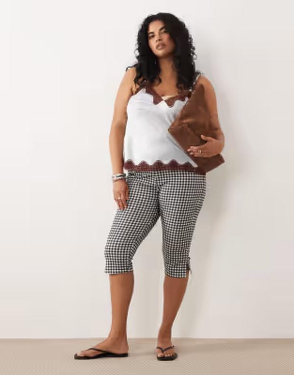 エイソス レディース ボトムス レギンス ギンガム照合のしるし 旗がしら プルオーバー ギンガム ASOS Curve ASOS DESIGN Curve jersey capri leggings インチ mono gingham