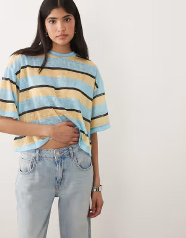 エイソス レディース トップス ティーシャツ シアー クロップド ASOS DESIGN sheer slub short sleeve boxy cropped T-shirt インチ butter and blue stripes Blue Stripe 青碧