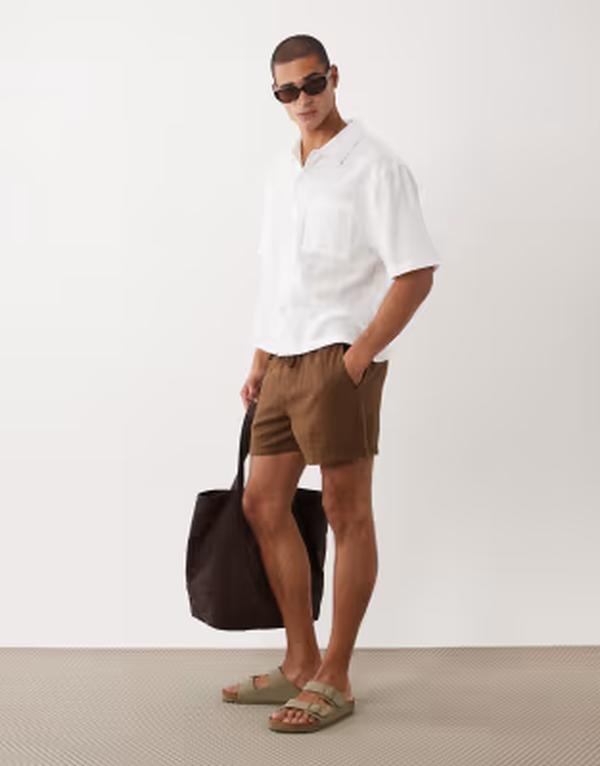 エイソス メンズ ボトムス 二分の一ズボン下・さる股引き 遊撃手ズボン下 ASOS DESIGN wide textured shorts インチ short length with elastic waistband BROWN 赤銅色