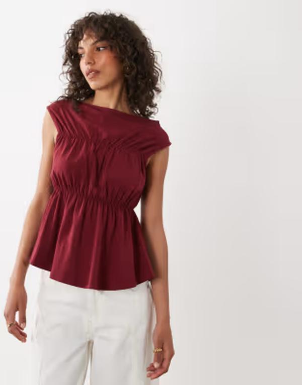 エイソス レディース トップス ティーシャツ ASOS DESIGN shirred slash neck top Burgundy バーガンディ