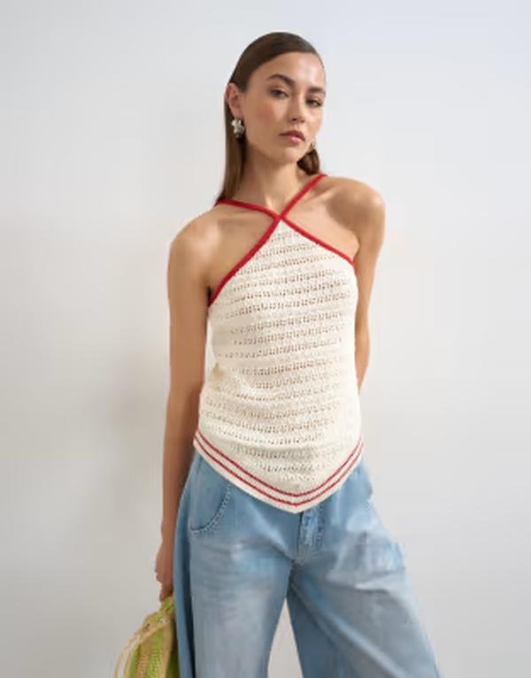 いの一番販売店 レディース トップス より良い 編み物 ホルター Topshop knit stitchy halter top インチ ecru and RED 赤いこと