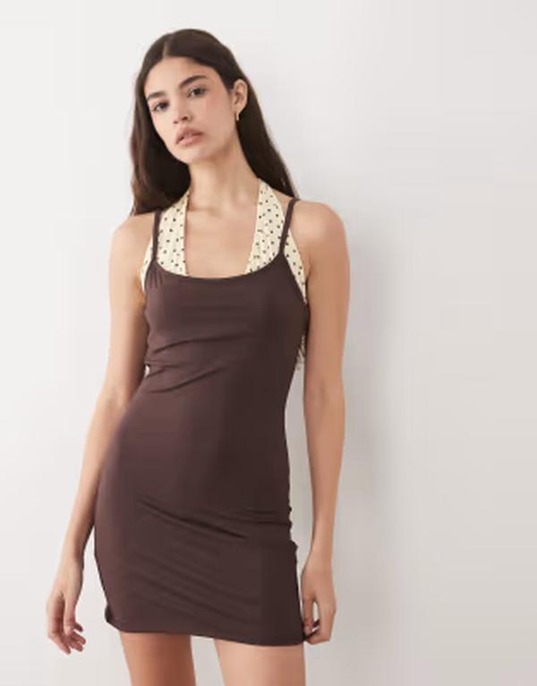 エイソス レディース トップス 衣装 点点柄 点点 ミニ 対照 ホルター ASOS DESIGN yellow contrast polka dot halter mini dress BROWN 赤銅色