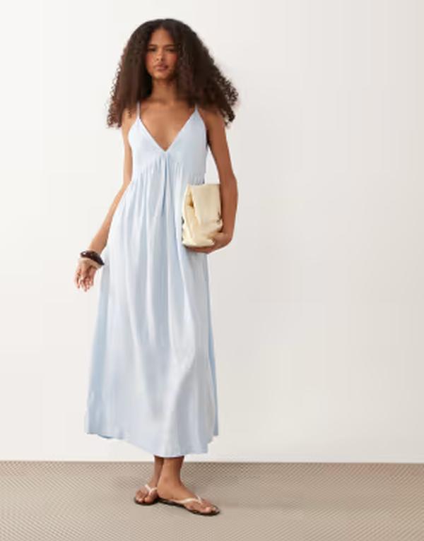 エイソス レディース トップス 衣裳 リネン マキシ ASOS DESIGN linen blendeep v maxi sundress Blue 青碧