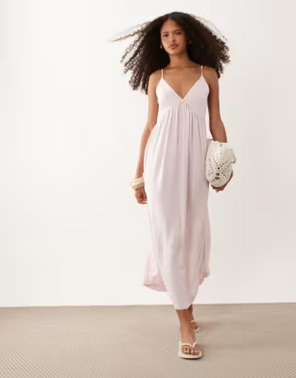 エイソス レディース トップス 衣裳 リネン マキシ ASOS DESIGN linen blendeep v maxi sundress pink さくら色