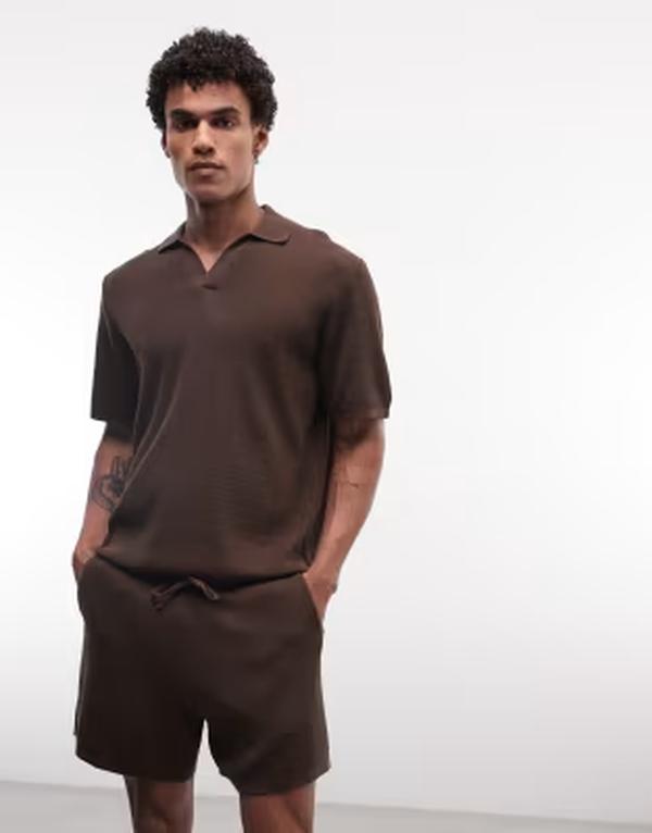 エイソス メンズ ボトムス 二分の一ズボン下・さる股引き 遊撃手ズボン下 編み物 ASOS DESIGN knit airtex shorts BROWN 赤銅色