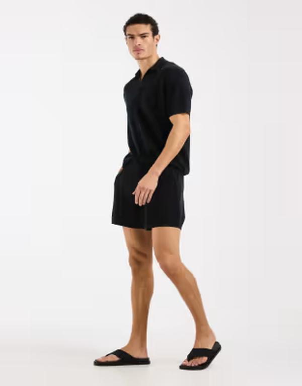 エイソス メンズ ボトムス 二分の一ズボン下・さる股引き 遊撃手ズボン下 編み物 ASOS DESIGN knit airtex shorts Black 黒いこと