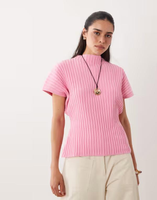 エイソス レディース トップス ティーシャツ 筋目 編み物 ASOS DESIGN knit cinched pleated topink さくら色