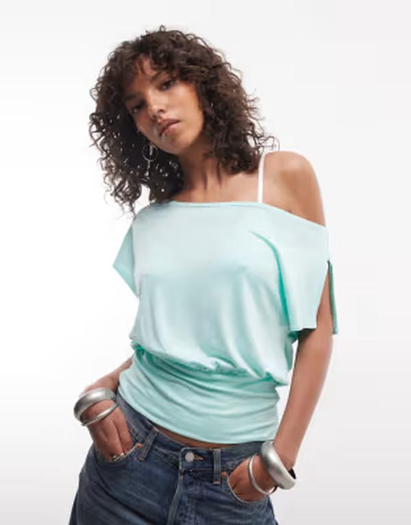 コルージョン レディース トップス ティーシャツ COLLUSION drapey off shoulder top インチ aqua blue 青碧