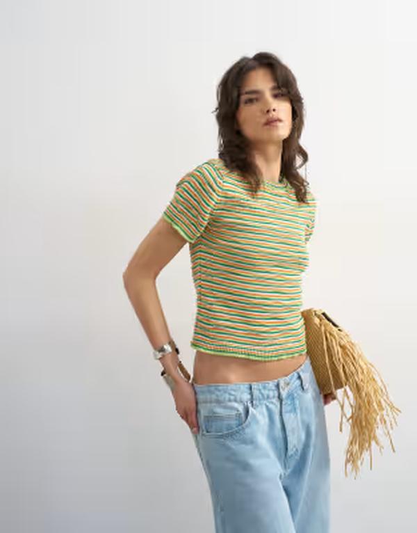 トップショップ レディース トップス ポロシャツ クルーネック ニット Topshop knit crew neck striped short sleeve top in multi マルチカラー｜ReVida 店