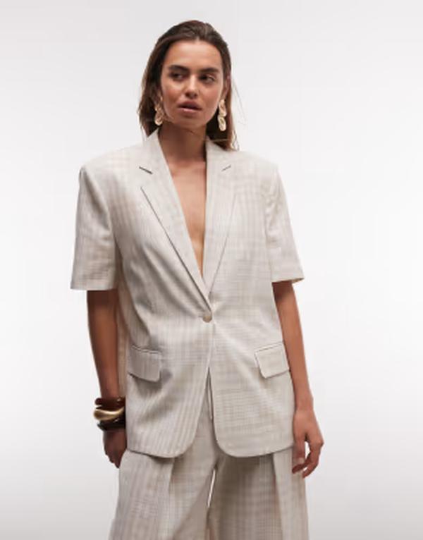 エイソス レディース アウター 上衣・上衣 スポーツジャケット ASOS DESIGN short sleeve blazer plaid - part of a set beige ベージュ