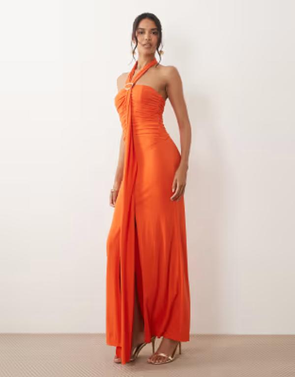 ティエフエヌシー レディース トップス 衣装 ギャザー マキシ ホルター TFNC halterneck trim detail ruched maxi dress インチ bright orange オレンジ色