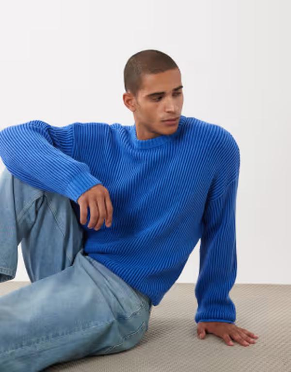 エイソス メンズ アウター 編み物・プルオーバー 肋筋 ASOS DESIGN oversized knit ribbed sweater BLUE 青碧