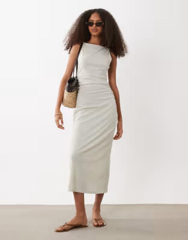 マンゴ レディース トップス ワンピース ギャザー ミディ ノースリーブ Mango boat neck sleeveless midi dress with ruched waist BEIGE ベージュ｜ReVida 店