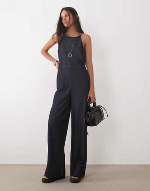 マンゴ レディース トップス 飛び降りる背広 綿織物 ジーンズ Mango 100% cotton denim jumpsuit indigo BLUE 青色
