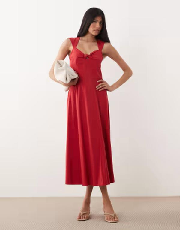 マンゴ レディース トップス 衣裳 ノースリーブ 綿織物 マキシ Mango cotton rich sweetheart neck sleeveless maxi dress RED 赤いこと