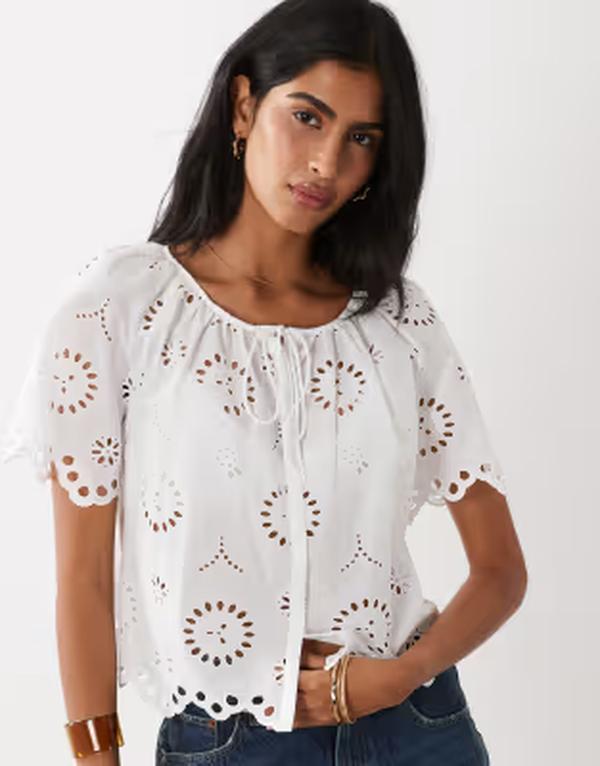 マンゴ レディース トップス シャツ コットン 刺繍 ブラウス Mango 100% cotton embroidered tie front blouse WHITE ホワイト|ReVida 店