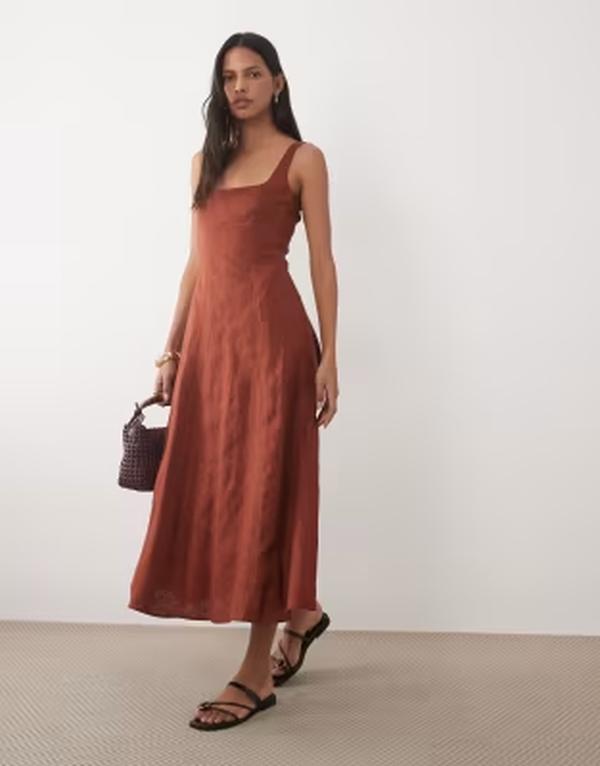 マンゴ レディース トップス 衣裳 ノースリーブ リネン マキシ Mango 100% linen square neck sleeveless maxi dress インチ burnt orange オレンジ色