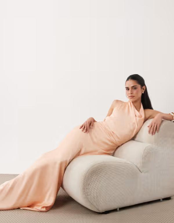 マンゴ レディース トップス 衣裳 後ろ側車のドア 繻子 旗がしら マキシ ホルター Mango Capsule satin backless halterneck maxi dress PINK サクラ色