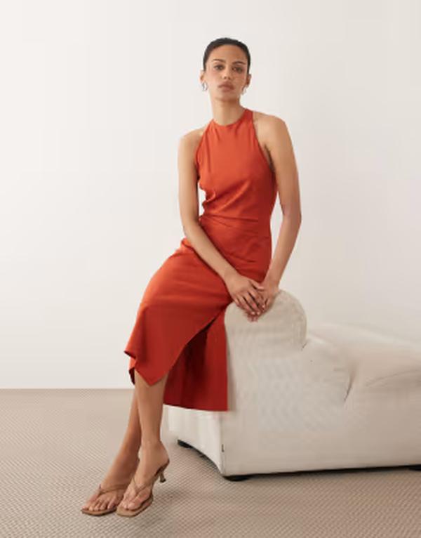 マンゴ レディース トップス 衣裳 ドレープ ノースリーブ ホルター Mango halter neck sleeveless dress with drapedetailing インチ orange オレンジ色