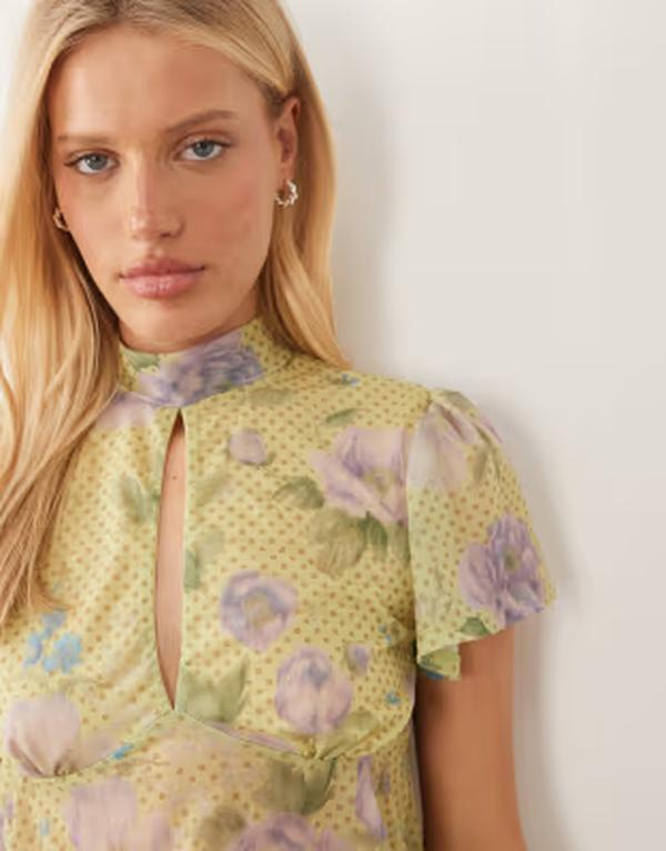 エイソス レディース トップス シャツ フラワー柄 フラワー ASOS DESIGN short sleeve top with keyhole detail floral Green floral グリーン｜ReVida 店 11,610円