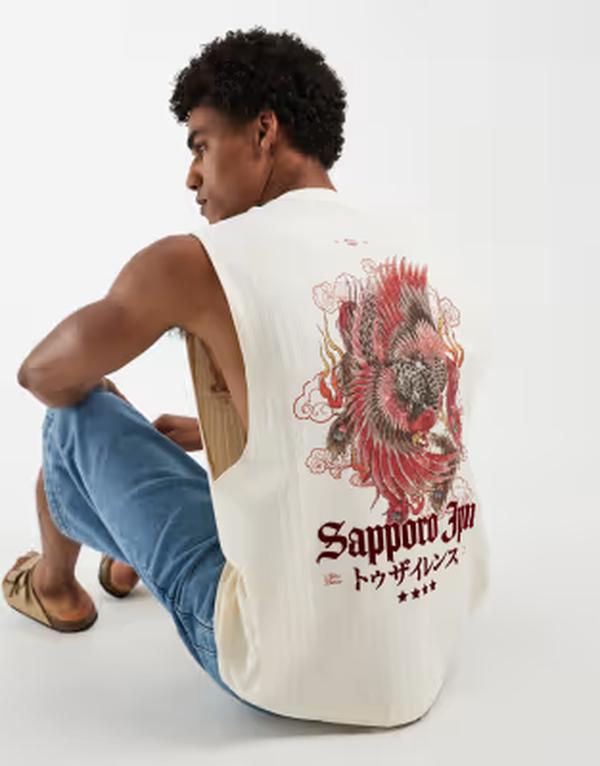 リバーアイランド メンズ トップス より良い 刷り上げる River Island Japanese print crochetank インチ ecru エクリュ