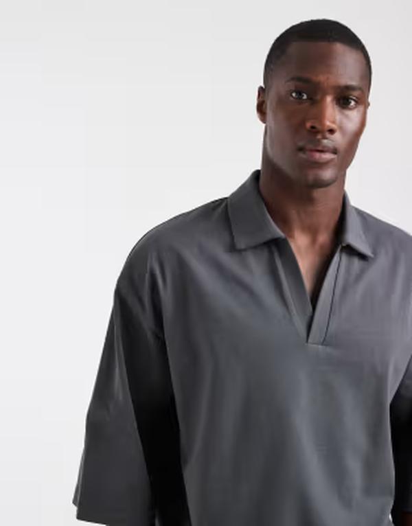 エイソス メンズ トップス スポーツシャツ ASOS DESIGN heavyweight boxy oversized polo shirt withalf sleeves インチ charcoal VOLCANIC ASH 死灰