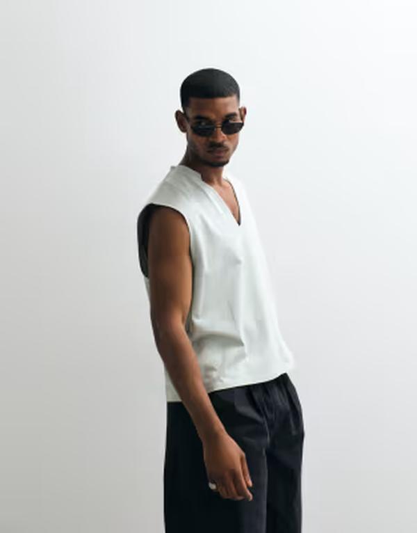 エイソス メンズ トップス より良い Vのど首 ASOS DESIGN ASPS DESIGN boxy oversized tank with v-neck Pigeon 薄墨色