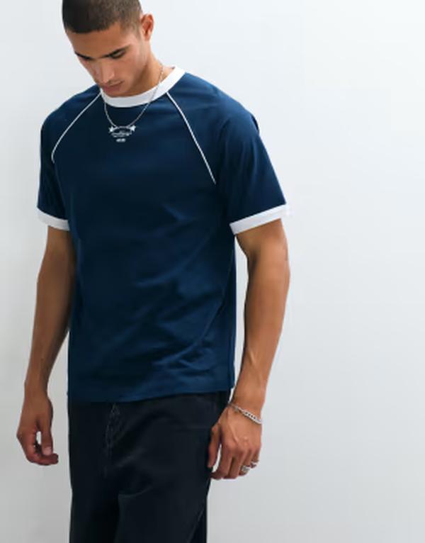 エイソス メンズ トップス ティーシャツ グラフィック ASOS DESIGN relaxed ringer T-shirt with utopia text graphic PAGEANT BLUE 青碧