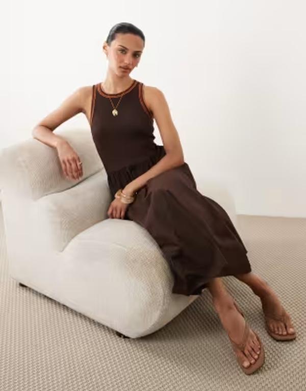 リバーアイランド レディース トップス 衣装 midi River Island whipstitch detailing MIDI dress インチ dark brown 赤銅色