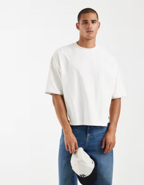 エイソス メンズ トップス ティーシャツ 対比 ASOS DESIGN heavyweight boxy oversized t-shirt with contrastitching インチ cream Coconut milk 皮膚軟化剤
