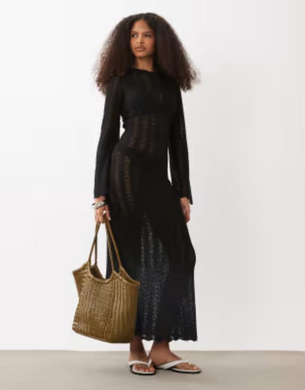 マンゴ レディース トップス 衣裳 編み物 マキシ Mango crochet knit long sleeve maxi dress Black 黒いこと